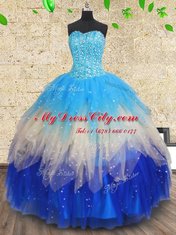 Tulle Sleeveless Floor Length 15 Quinceanera Dress and Beading and Ruffles and Ruffled Layers