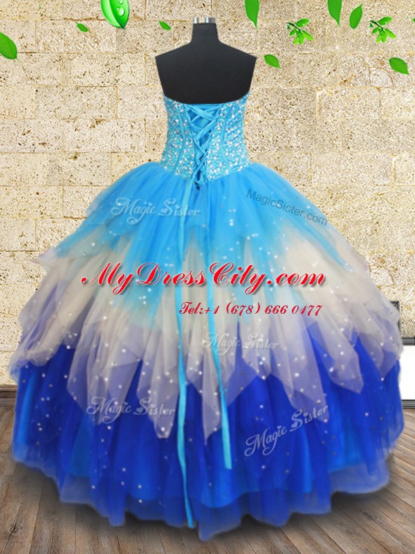 Tulle Sleeveless Floor Length 15 Quinceanera Dress and Beading and Ruffles and Ruffled Layers