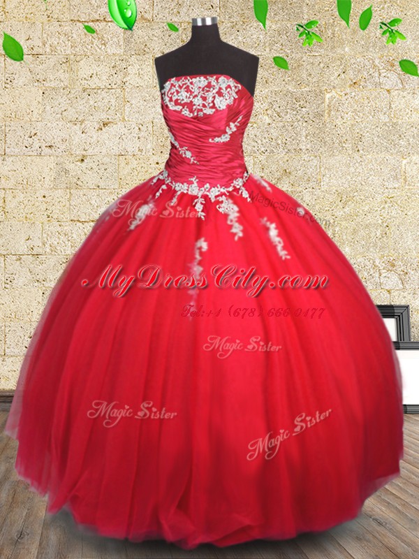 Fancy Red Tulle Lace Up Strapless Sleeveless Floor Length Sweet 16 Dress Appliques and Ruching