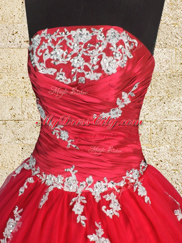 Fancy Red Tulle Lace Up Strapless Sleeveless Floor Length Sweet 16 Dress Appliques and Ruching