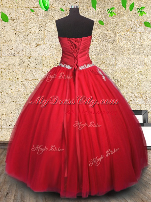 Fancy Red Tulle Lace Up Strapless Sleeveless Floor Length Sweet 16 Dress Appliques and Ruching