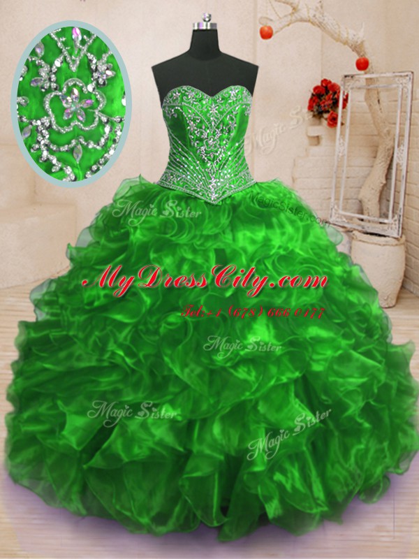 Romantic Sweetheart Sleeveless Quinceanera Dresses With Train Sweep Train Beading and Ruffles Organza