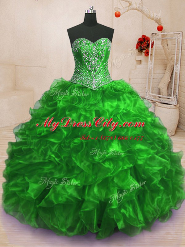 Romantic Sweetheart Sleeveless Quinceanera Dresses With Train Sweep Train Beading and Ruffles Organza