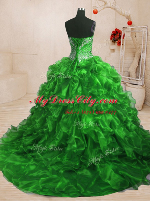 Romantic Sweetheart Sleeveless Quinceanera Dresses With Train Sweep Train Beading and Ruffles Organza