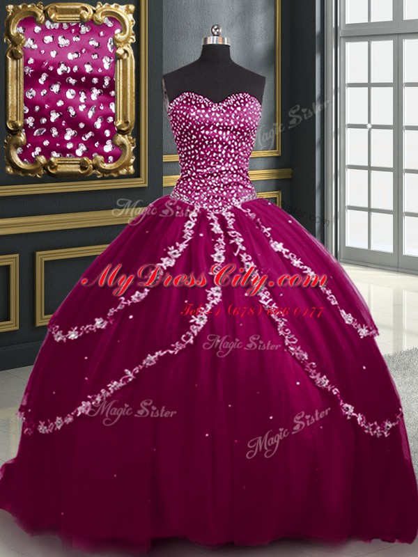 Captivating Burgundy and Fuchsia Ball Gowns Beading and Appliques Quinceanera Gown Lace Up Tulle Sleeveless With Train