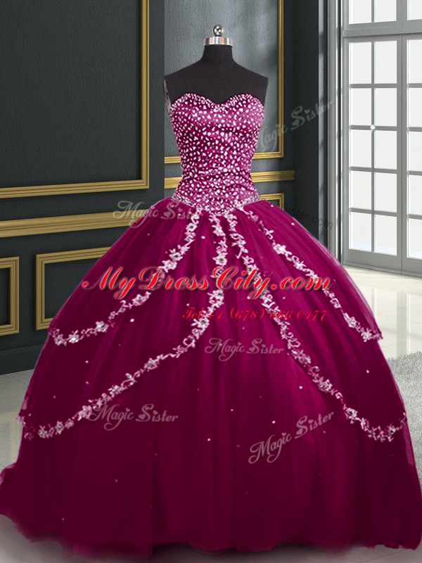 Captivating Burgundy and Fuchsia Ball Gowns Beading and Appliques Quinceanera Gown Lace Up Tulle Sleeveless With Train