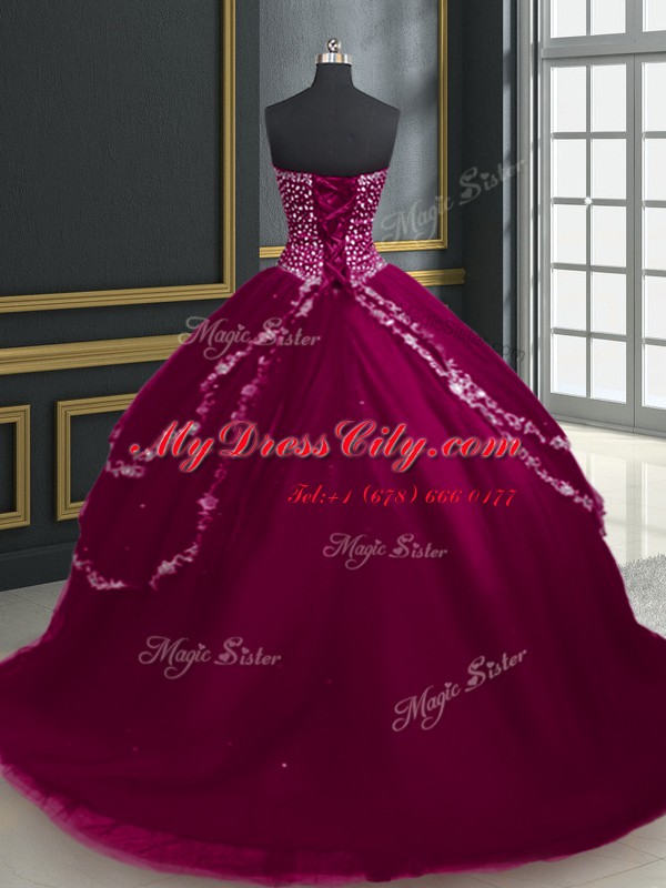 Captivating Burgundy and Fuchsia Ball Gowns Beading and Appliques Quinceanera Gown Lace Up Tulle Sleeveless With Train