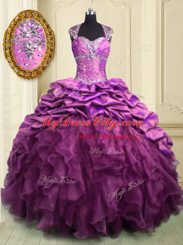 Lilac Sweetheart Neckline Beading and Ruffles and Ruffled Layers and Pick Ups Ball Gown Prom Dress Cap Sleeves Lace Up