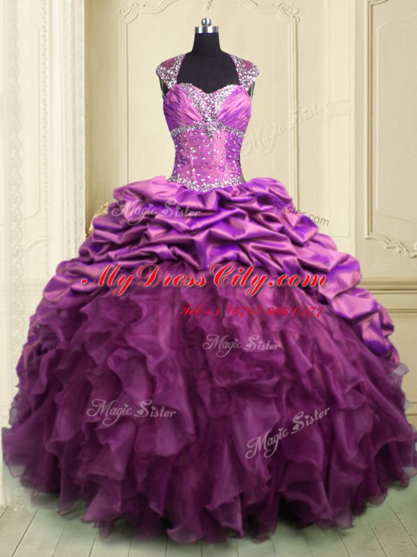 Lilac Sweetheart Neckline Beading and Ruffles and Ruffled Layers and Pick Ups Ball Gown Prom Dress Cap Sleeves Lace Up