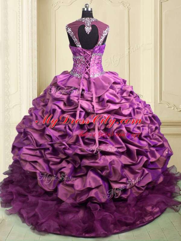 Lilac Sweetheart Neckline Beading and Ruffles and Ruffled Layers and Pick Ups Ball Gown Prom Dress Cap Sleeves Lace Up