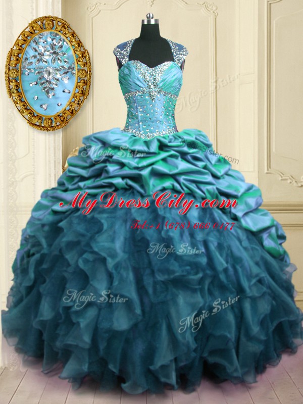 Pick Ups With Train Ball Gowns Cap Sleeves Teal Quinceanera Dresses Brush Train Lace Up