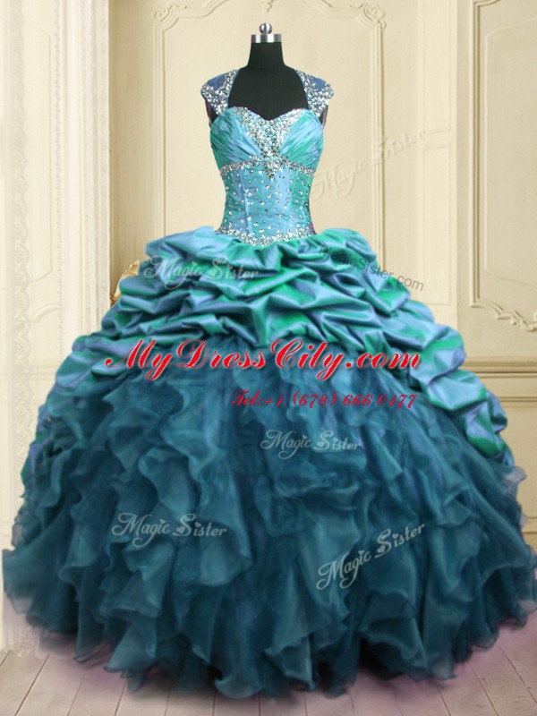 Pick Ups With Train Ball Gowns Cap Sleeves Teal Quinceanera Dresses Brush Train Lace Up