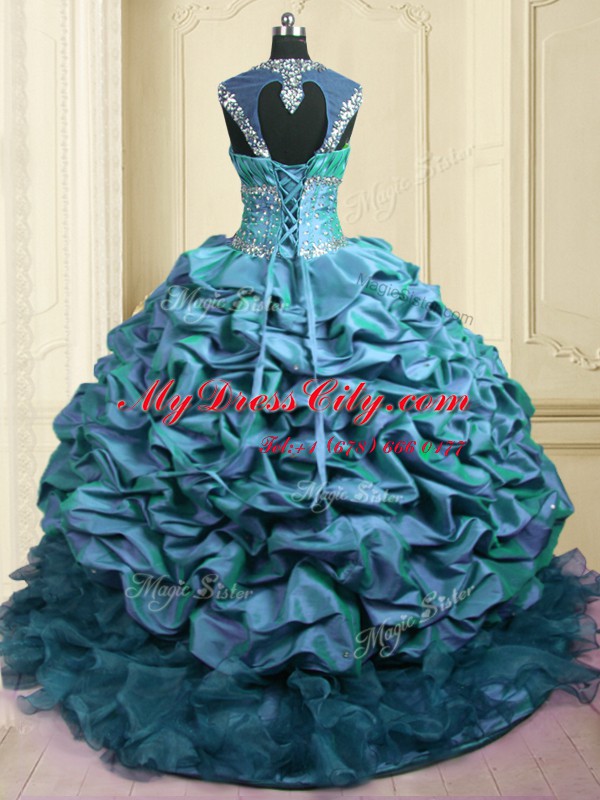 Pick Ups With Train Ball Gowns Cap Sleeves Teal Quinceanera Dresses Brush Train Lace Up