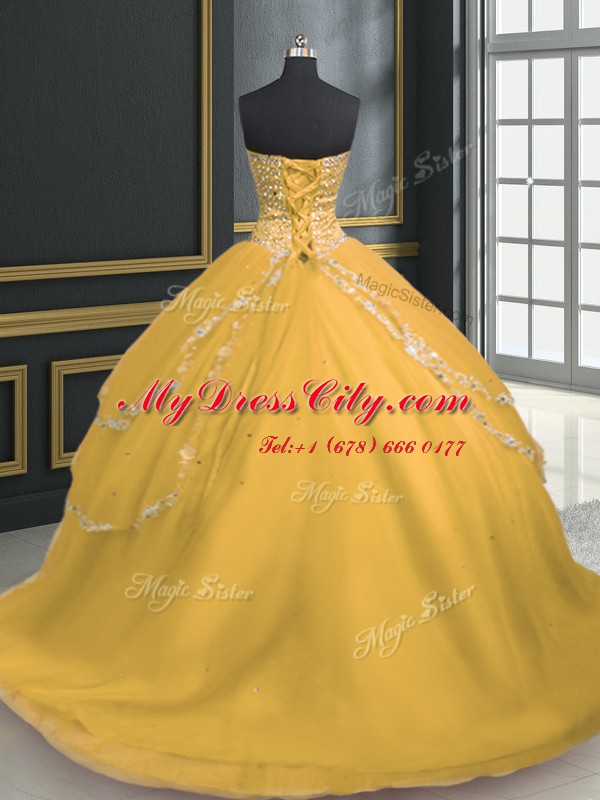 Gold Lace Up Sweetheart Beading and Appliques Quince Ball Gowns Tulle Sleeveless Brush Train