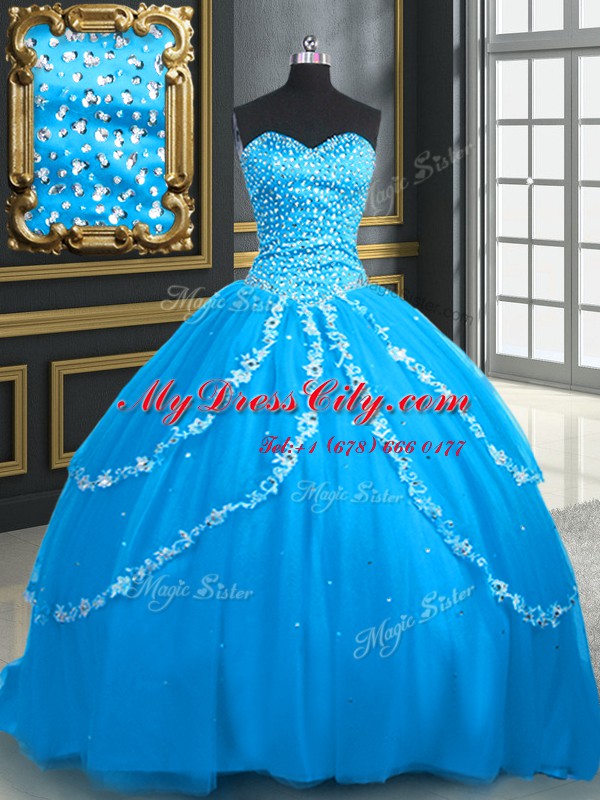 Charming Aqua Blue Quinceanera Dress Military Ball and Sweet 16 and Quinceanera and For with Beading and Appliques Sweetheart Sleeveless Brush Train Lace Up