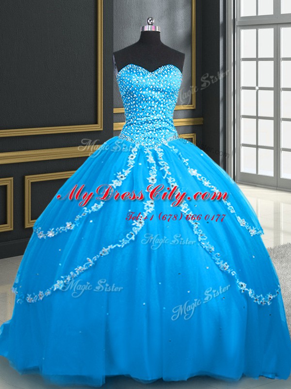 Charming Aqua Blue Quinceanera Dress Military Ball and Sweet 16 and Quinceanera and For with Beading and Appliques Sweetheart Sleeveless Brush Train Lace Up