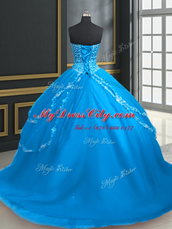 Charming Aqua Blue Quinceanera Dress Military Ball and Sweet 16 and Quinceanera and For with Beading and Appliques Sweetheart Sleeveless Brush Train Lace Up