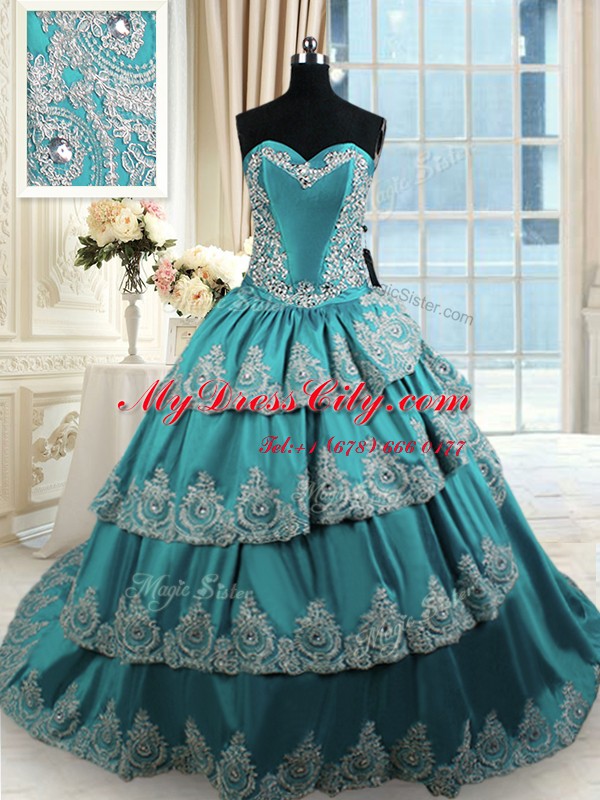 Ruffled Ball Gowns Quinceanera Dresses Teal Sweetheart Taffeta Sleeveless With Train Lace Up