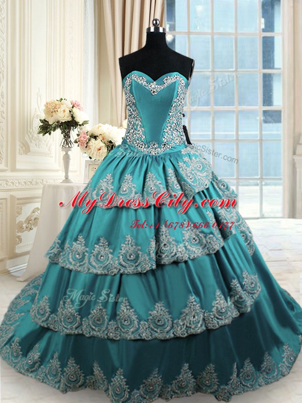 Ruffled Ball Gowns Quinceanera Dresses Teal Sweetheart Taffeta Sleeveless With Train Lace Up