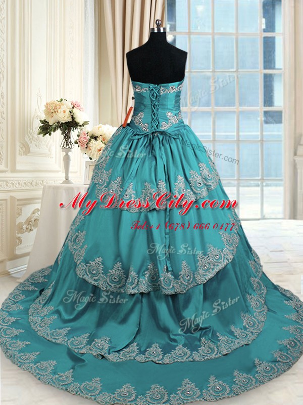 Ruffled Ball Gowns Quinceanera Dresses Teal Sweetheart Taffeta Sleeveless With Train Lace Up