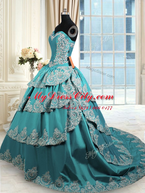 Ruffled Ball Gowns Quinceanera Dresses Teal Sweetheart Taffeta Sleeveless With Train Lace Up