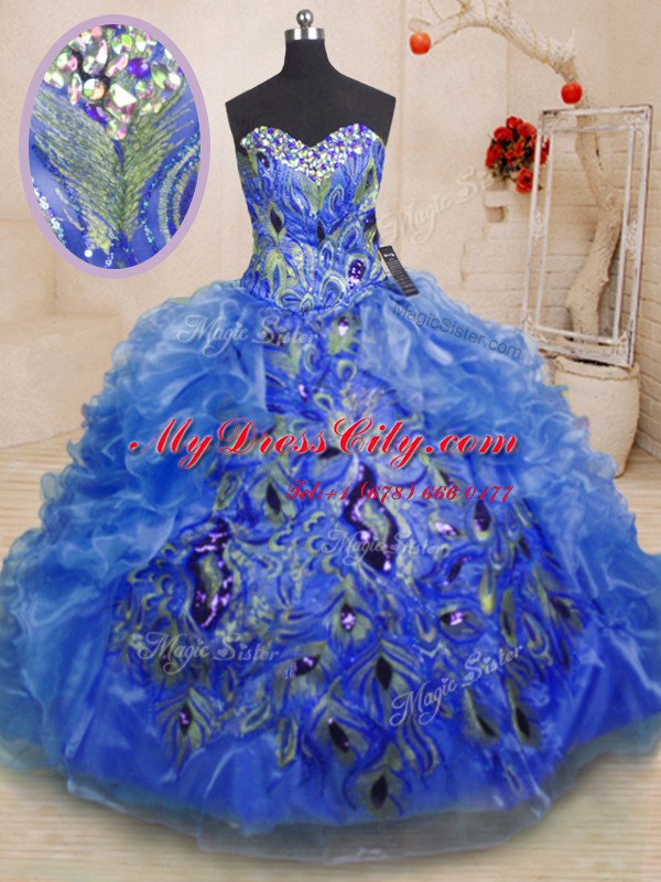 Trendy Floor Length Ball Gowns Sleeveless Blue Quinceanera Dresses Zipper