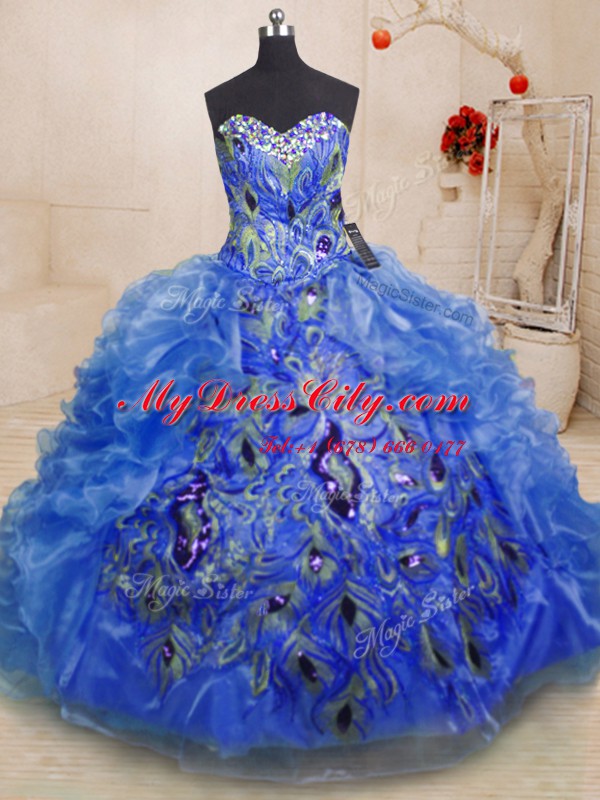 Trendy Floor Length Ball Gowns Sleeveless Blue Quinceanera Dresses Zipper