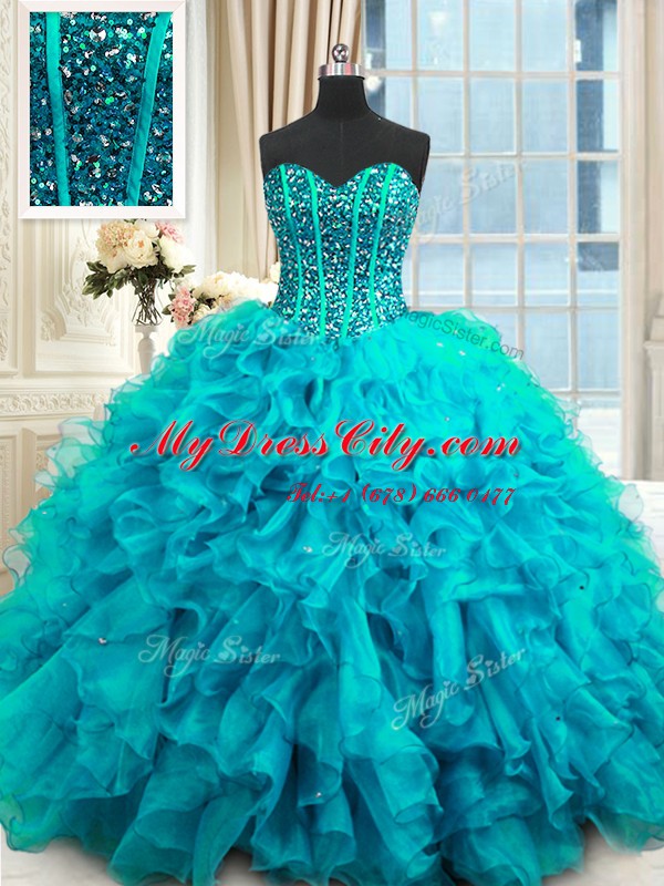 Attractive Baby Blue Lace Up Sweetheart Beading and Ruffles and Sequins Quinceanera Gowns Organza Sleeveless