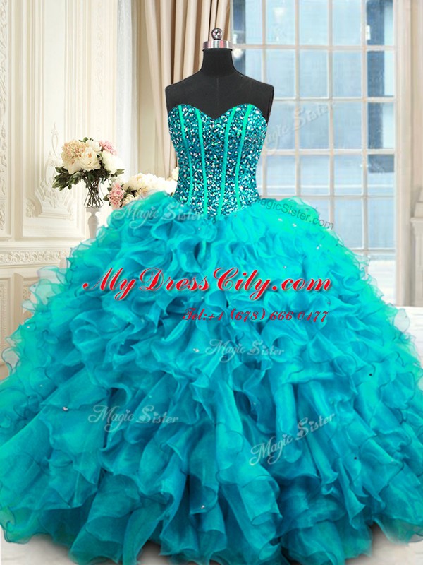 Attractive Baby Blue Lace Up Sweetheart Beading and Ruffles and Sequins Quinceanera Gowns Organza Sleeveless