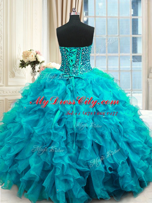 Attractive Baby Blue Lace Up Sweetheart Beading and Ruffles and Sequins Quinceanera Gowns Organza Sleeveless