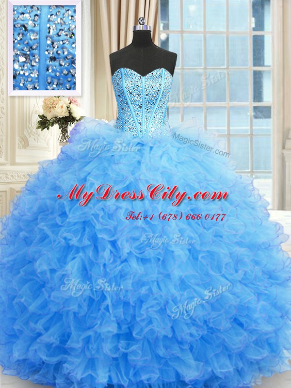 Lovely Baby Blue Sweetheart Lace Up Beading and Ruffles Ball Gown Prom Dress Sleeveless