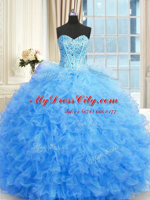 Lovely Baby Blue Sweetheart Lace Up Beading and Ruffles Ball Gown Prom Dress Sleeveless