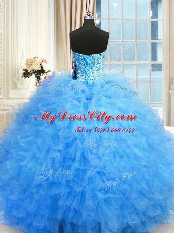 Lovely Baby Blue Sweetheart Lace Up Beading and Ruffles Ball Gown Prom Dress Sleeveless