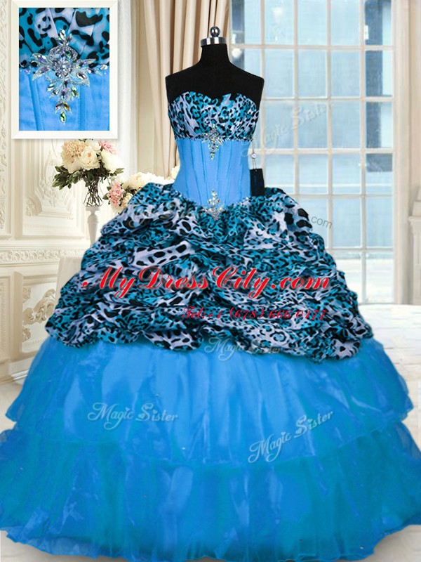 Printed Baby Blue Sweet 16 Dress Military Ball and Sweet 16 and Quinceanera and For with Beading and Ruffled Layers Sweetheart Sleeveless Sweep Train Lace Up