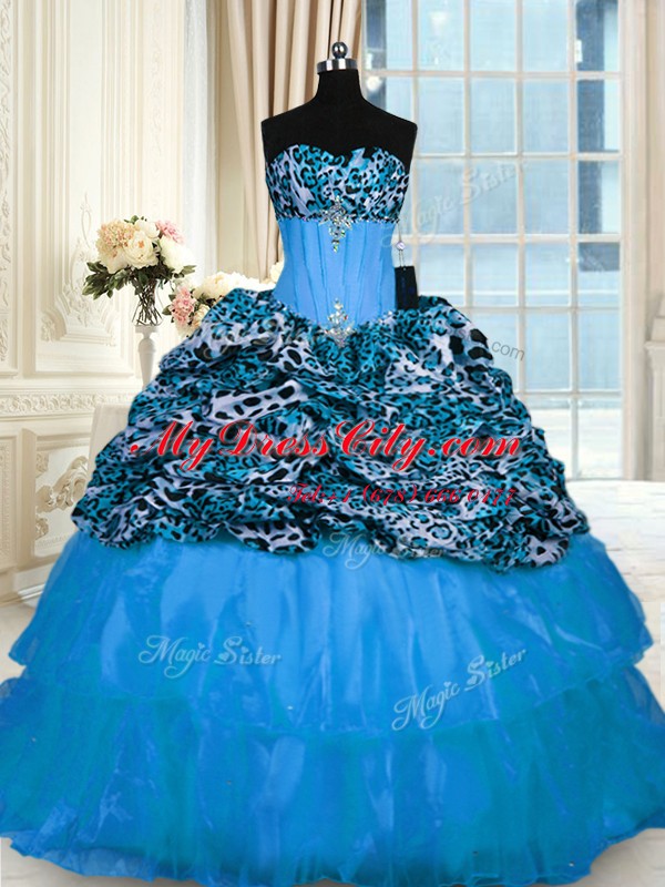 Printed Baby Blue Sweet 16 Dress Military Ball and Sweet 16 and Quinceanera and For with Beading and Ruffled Layers Sweetheart Sleeveless Sweep Train Lace Up