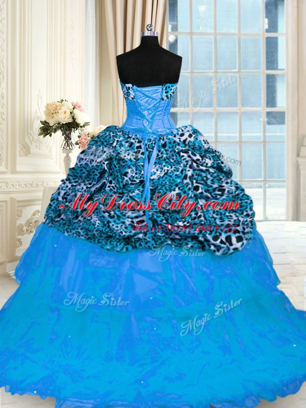 Printed Baby Blue Sweet 16 Dress Military Ball and Sweet 16 and Quinceanera and For with Beading and Ruffled Layers Sweetheart Sleeveless Sweep Train Lace Up