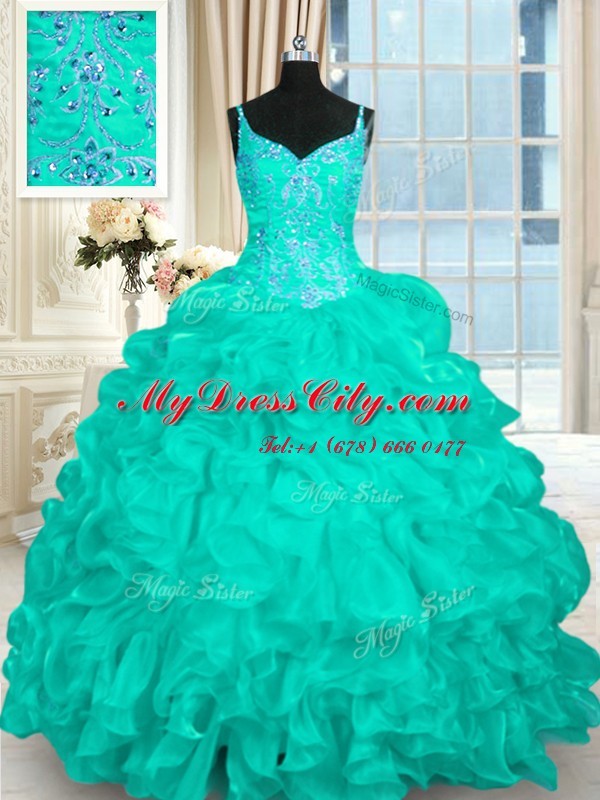 Turquoise Lace Up Spaghetti Straps Beading and Ruffles Quince Ball Gowns Organza Sleeveless Brush Train