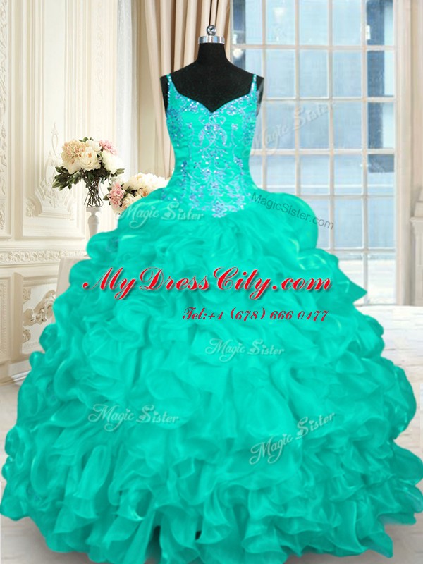 Turquoise Lace Up Spaghetti Straps Beading and Ruffles Quince Ball Gowns Organza Sleeveless Brush Train