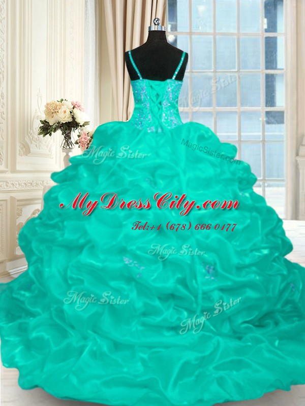 Turquoise Lace Up Spaghetti Straps Beading and Ruffles Quince Ball Gowns Organza Sleeveless Brush Train