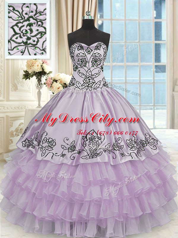 Custom Designed Ruffled Lavender Sleeveless Organza Lace Up Quince Ball Gowns for Military Ball and Sweet 16 and Quinceanera