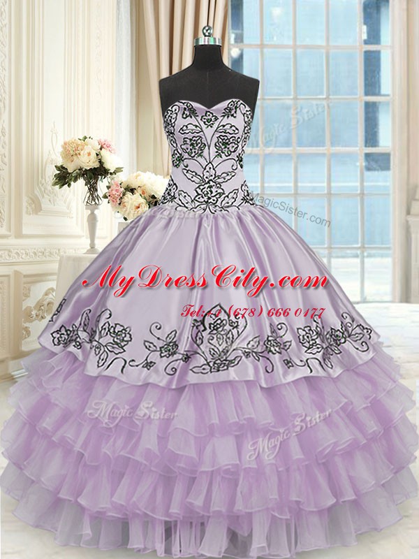 Custom Designed Ruffled Lavender Sleeveless Organza Lace Up Quince Ball Gowns for Military Ball and Sweet 16 and Quinceanera