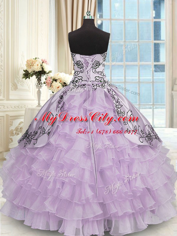 Custom Designed Ruffled Lavender Sleeveless Organza Lace Up Quince Ball Gowns for Military Ball and Sweet 16 and Quinceanera