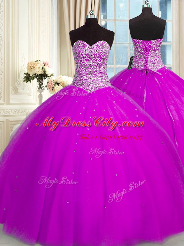 Pretty Fuchsia Sleeveless Floor Length Beading and Sequins Lace Up Sweet 16 Dress