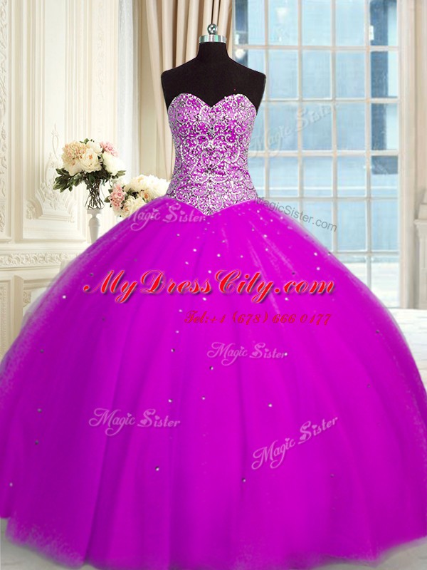 Pretty Fuchsia Sleeveless Floor Length Beading and Sequins Lace Up Sweet 16 Dress