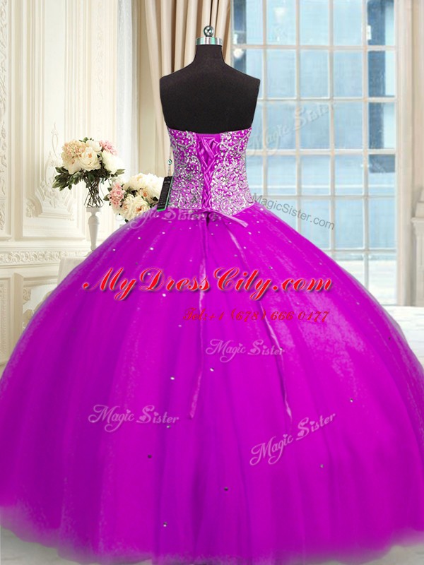 Pretty Fuchsia Sleeveless Floor Length Beading and Sequins Lace Up Sweet 16 Dress