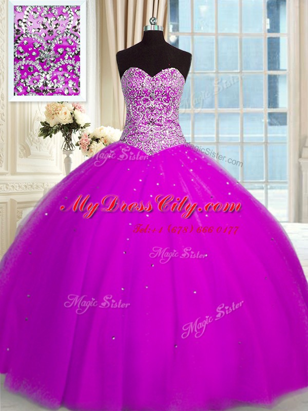 Pretty Fuchsia Sleeveless Floor Length Beading and Sequins Lace Up Sweet 16 Dress