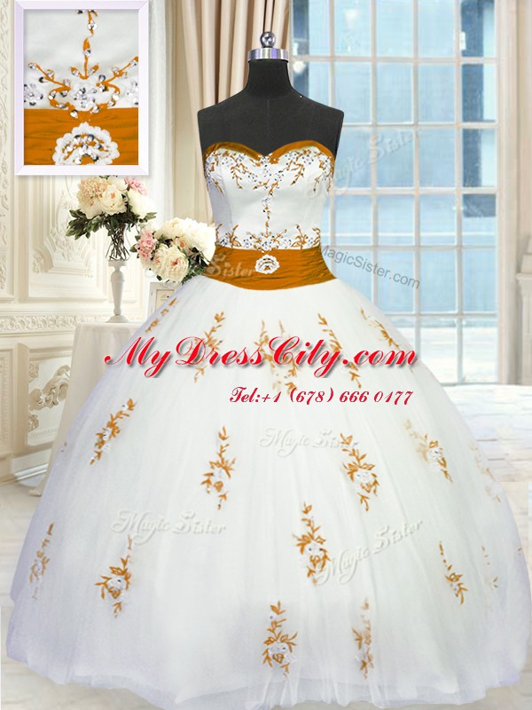 Tulle Sweetheart Sleeveless Lace Up Appliques and Belt Sweet 16 Quinceanera Dress in White