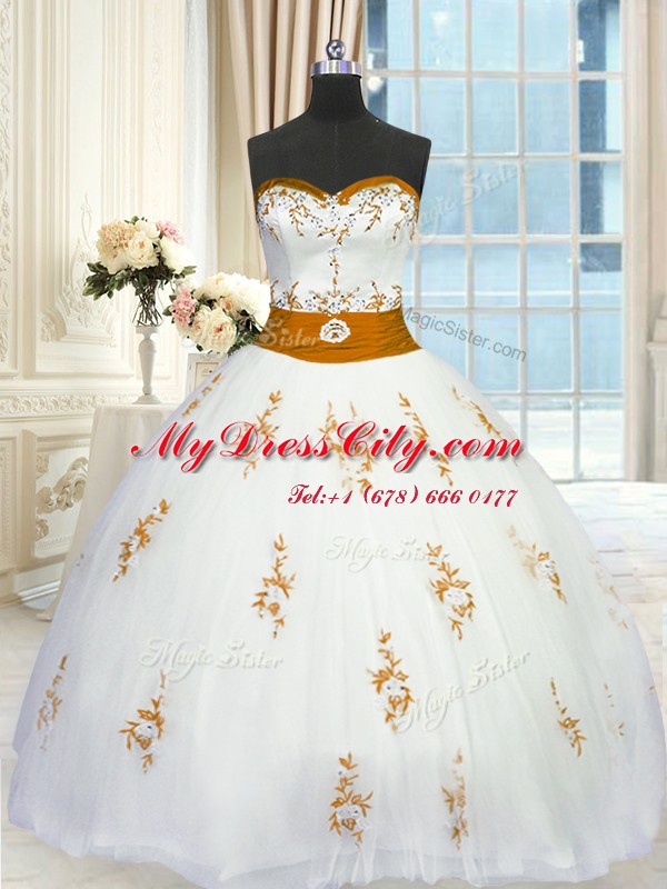 Tulle Sweetheart Sleeveless Lace Up Appliques and Belt Sweet 16 Quinceanera Dress in White