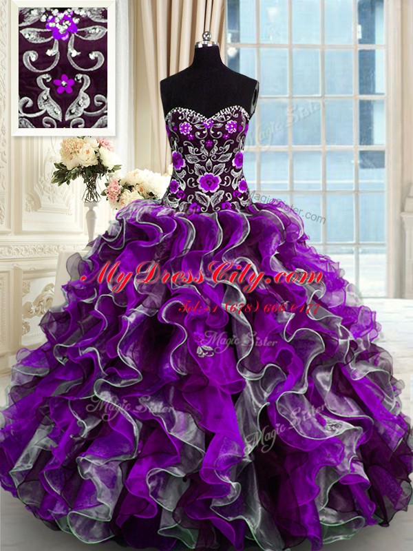 Latest Multi-color Ball Gowns Organza Sweetheart Sleeveless Beading and Appliques Floor Length Lace Up Quinceanera Dress