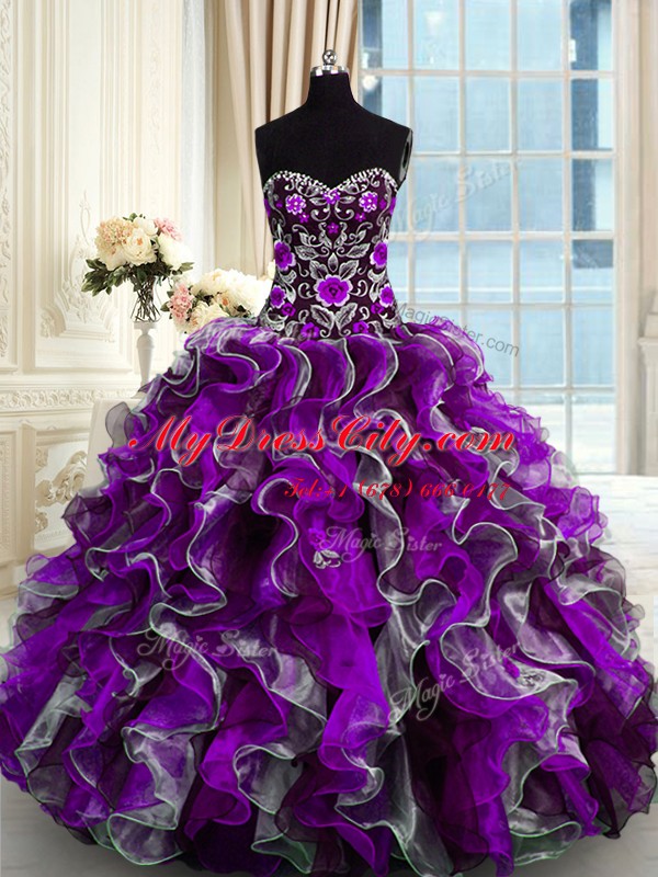 Latest Multi-color Ball Gowns Organza Sweetheart Sleeveless Beading and Appliques Floor Length Lace Up Quinceanera Dress